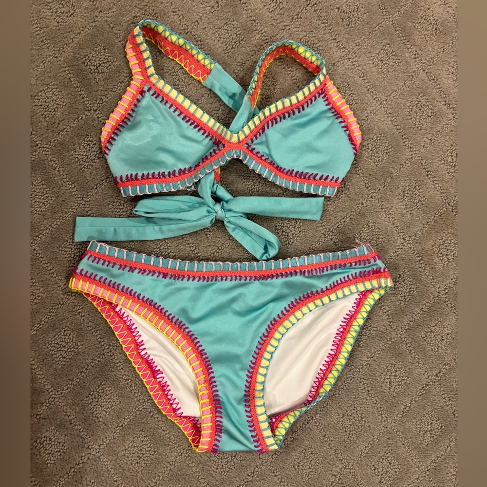 NWOT PQ Swim Girls' Rainbow Embroidered Two Piece Swimsuit